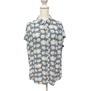 LOFT Outlet XL Gray White Floral Button Front Blouse Short Sleeve Top